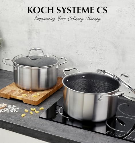 KOCH SYSTEME CS Triply Stainless Steel Pot 6 Quart, Nonstick Hybrid 18/10 Stainless Steel Stock Pot with Lid, Nonstick Cooking Pots with Honeycomb Interior, Compatible with All Cooktops, Oven Safe