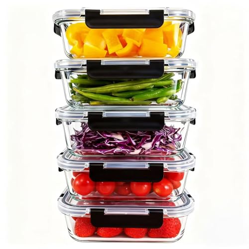 KEKEGO 5Pack 35oz Glass Storage Containers with Lids, Airtight Glass Meal Prep Containers, BPA-Free Lunch Containers for Microwave, Oven, Freezer & Dishwasher Safe