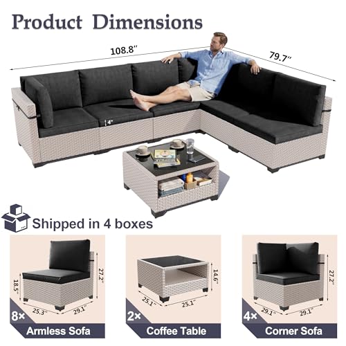 SnugVista Patio Furniture Set, 14-Piece Outdoor Sectional Sofa with 2-Layer Glass Coffee Table, Wicker Patio Conversation Set with Black Cushions for Backyard, Poolside, Porch