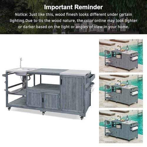 Merax 75.4" Outdoor Kitchen Island with Sink, Solid Wood Outdoor Grill Cart for Big Green Egg Grills, Rolling Outdoor Bar Cart with Stainless Steel Top for Pizza Prep & BBQ, Grey+Blue