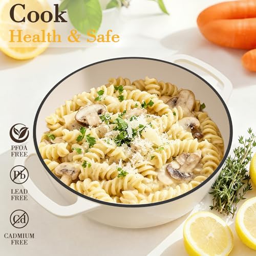 Umite Chef 6QT Enameled Cast Iron Dutch Oven with Lid, Versatile Heavy-Duty Cookware Pot for Baking Bread, Braising, Soups & Stews, Oven & Stovetop Safe with Heat Resistant Gloves（Cream White）