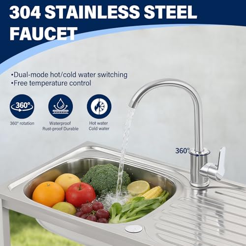 Versatile Outdoor Sink with Hose Hook Up – Heavy-Duty Stainless Steel Sink with Hose Hook Up, Large Basin, Storage Shelf & Quick Drain, Perfect for Gardens, Food Trucks, Restaurants
