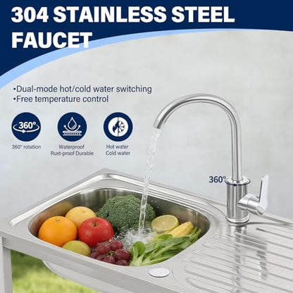 Versatile Outdoor Sink with Hose Hook Up – Heavy-Duty Stainless Steel Sink with Hose Hook Up, Large Basin, Storage Shelf & Quick Drain, Perfect for Gardens, Food Trucks, Restaurants