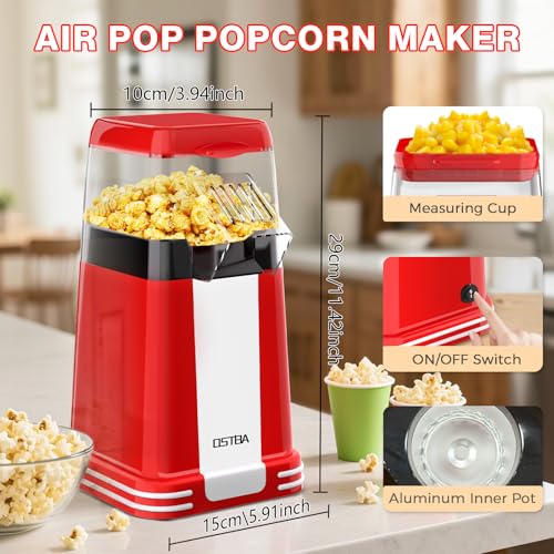 OSTBA Hot Air Popcorn Popper, 12-Cup Popcorn Maker Machine, Red