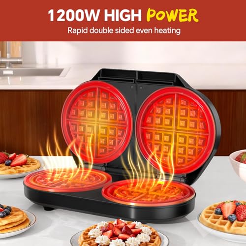 Double Waffle Maker, 6.5" Dual Waffle Iron, 1200W Belgian Waffle Maker with Nonstick Plates, 2 Independent 5-Level Adjustable Temp Knobs, Easy to Clean, Stainless Steel