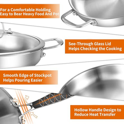 DELARLO Stainless Steel Pan 14-Inch, Large Frying Pan with Lid, Heavy Duty, Compatible with Induction, Gas and Electric up to 650℉, Fast & Even Heating, Dishwasher, Oven Safe Skillet, PTFE & PFOA Free