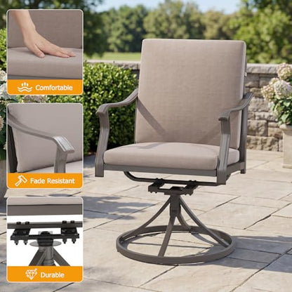 EROMMY 5-Piece Outdoor Patio Dining Set, 4 Swivel Chairs with Removable Cushions & Round Metal Table with Umbrella Hole, All-Weather Furniture for Backyard, Garden and Deck