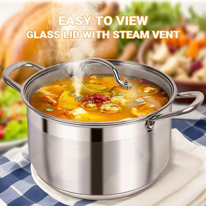 Kirecoo Stainless Steel Stock Pot - 5 Quart Heavy Duty Induction Cooking Pot with Visible Lid for Pasta, Soup, Spaghetti, Nonstick Thick Bottom Big Stockpot, Deep Cookware for Canning, Boiling, Simmer