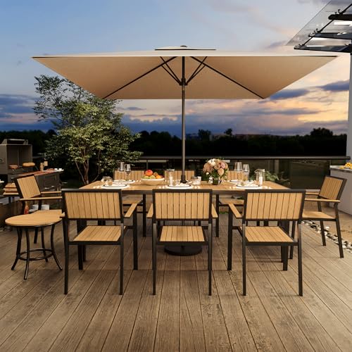 Pamapic 10-Piece Outdoor Dining Set, Patio Aluminum Furniture with Plastic-Wood Table Top & 8 Stackable Chairs, Outdoor Furniture Set for Patio Garden Poolside (Teak)