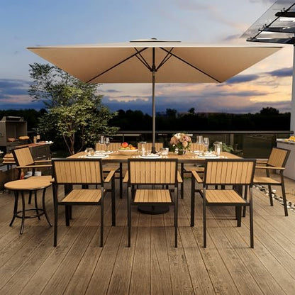 Pamapic 10-Piece Outdoor Dining Set, Patio Aluminum Furniture with Plastic-Wood Table Top & 8 Stackable Chairs, Outdoor Furniture Set for Patio Garden Poolside (Teak)