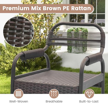 Tangkula 5-Piece Patio Rattan Bar Set, Counter Height Square Table with 4 Wicker Counter Stools, All-Weather Tabletop, Cushioned Outside Dining Set for Poolside, Backyard (Brown)