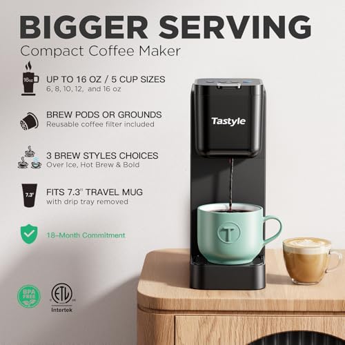 Tastyle Single Serve Coffee Maker for K Cup and Ground Coffee | Brew up to 16 Oz, Fits 7.3'' Travel Mug | Hot, Bold & Over Ice | Compact for Office, RV& Hotel, Classic Black (3.0 Version)