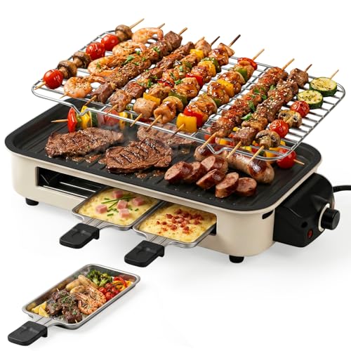 Electric Indoor Grill 1500w, 2 in 1 Smokeless Indoor Grills with Non-Stick Griddle Plate & Grill Net, Korean BBQ Grill with 3 Individual Mini Trays, Temperature Control, Dishwasher Safe