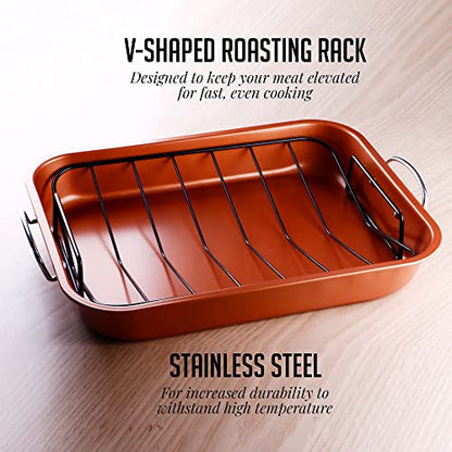 OVENTE Stainless Steel Roasting Pan with V-Shape Rack and Carving Set, 15x11.75 Inch Nonstick Roaster Tray, Oven & Dishwasher Safe Bakeware Dish for Turkey, Roasted Chicken or Beef, Copper CWR24619CO