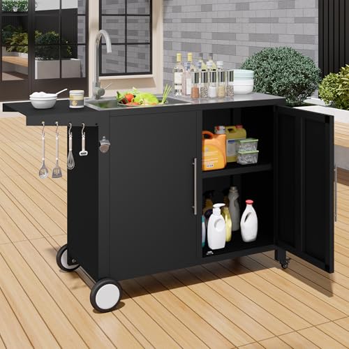 JFHID Outdoor Kitchen Sink with Hose Hook up, Stainless Steel Prep Table Kitchen Island, Rolling Pizza Oven Stand BBQ Grill Table for Garden, Backyard and Lawn