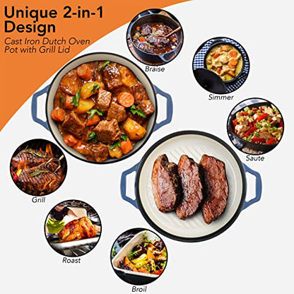2-in-1 Enameled Cast Iron Braiser Pan with Grill Lid - 3.3-Quart Small Dutch Oven, Serves as Both Casserole & Stovetop Grill Pan, Cast Iron Cookware