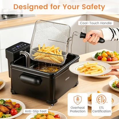COSTWAY Deep Fryer with Touch Screen, 5.3-Qt/5L Electric Fryers with Basket, 6 Presets, 1700W Stainless Steel Countertop Fryer Pot w/Enamel Oil Tank, Viewing Window, Anti-Grease Filter & Timer, Black