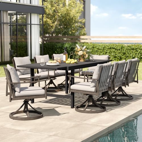 HAPPATIO 9-Piece Aluminum Patio Dining Set,Aluminum Outdoor Dining Set with Cushions,8 Swivel Chairs with Expandable Table with Umbrella Hole for Lawn, Garden, Backyard