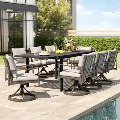 HAPPATIO 9-Piece Aluminum Patio Dining Set,Aluminum Outdoor Dining Set with Cushions,8 Swivel Chairs with Expandable Table with Umbrella Hole for Lawn, Garden, Backyard