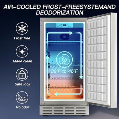 cureder 15 Inch Outdoor Refrigerator, Weather Proof Stainless Steel Beverage Beer Cooler Under Counter Fridge, Indoor/Outdoor Refrigerator with 3 Shelves for Patio Kitchen and Commercial Use