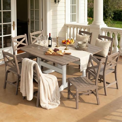 Polyhouz Outdoor Dining Set, HDPE 9-Piece Patio Table and Chairs Set, All-Weather Outdoor Dining Table Set for 8 with Umbrella Hole, Durable Patio Furniture Set with Chairs,White Brown