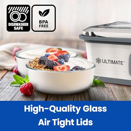 Ultimate Yogurt Containers 2 Pack, Make More Yogurt with 1-Quart Glass Containers (4 Cup), 100% BPA Free, Durable & Oven Safe Round Bowl Set with Lids, Perfect for Food Storage & Meal Prep
