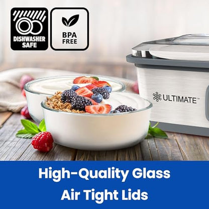 Ultimate Yogurt Containers 2 Pack, Make More Yogurt with 1-Quart Glass Containers (4 Cup), 100% BPA Free, Durable & Oven Safe Round Bowl Set with Lids, Perfect for Food Storage & Meal Prep