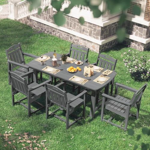 SUUNYN HDPE Outdoor Dining Set, Patio Table and Chairs Set, All-Weather 7-Piece Outside Table and 6 Chairs, 2" Umbrella Hole, Outdoor Furniture for Garden, Poolside, Backyard, Deck | Grey