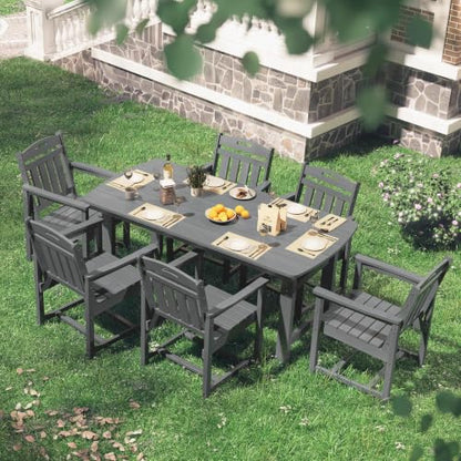 SUUNYN HDPE Outdoor Dining Set, Patio Table and Chairs Set, All-Weather 7-Piece Outside Table and 6 Chairs, 2" Umbrella Hole, Outdoor Furniture for Garden, Poolside, Backyard, Deck | Grey