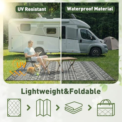 MontVoo Outdoor Rug Carpet Waterproof 5x8 Outdoor Patio Rug Mat Reverisble Plastic Straw Outdoor Rug for RV Camping Picnic Beach Balcony Boho Grey
