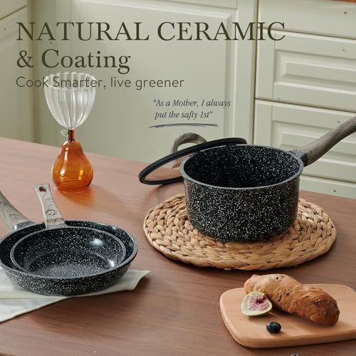 USELUCK Ceramic Cookware Set 22 Piece Nonstick Pots and Pans Set Non Stick Kitchen Cooking Sets 8"Frying Pans with Lid,Black Granite Non-Toxic Induction Kitchen Cookware w/Glass Lids PFOS/PFOA-Free