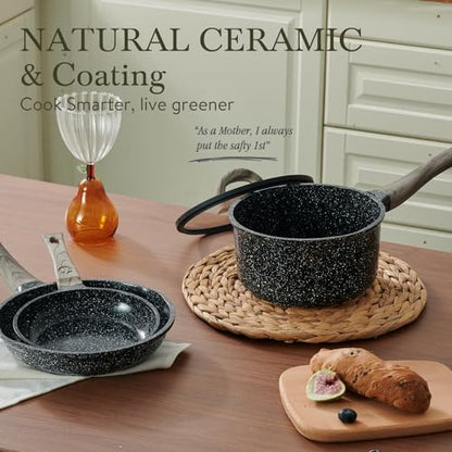 USELUCK Ceramic Cookware Set 22 Piece Nonstick Pots and Pans Set Non Stick Kitchen Cooking Sets 8"Frying Pans with Lid,Black Granite Non-Toxic Induction Kitchen Cookware w/Glass Lids PFOS/PFOA-Free