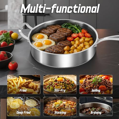 Toutrop Frying Pans Nonstick wih Lid, Non Stick Tri-Ply Stainless Steel Saute Pan, 8 Quarts Large Sauté Pan, 13.5 Inch Induction Cooking Pan, Dishwasher and Oven Safe, PFOA Free