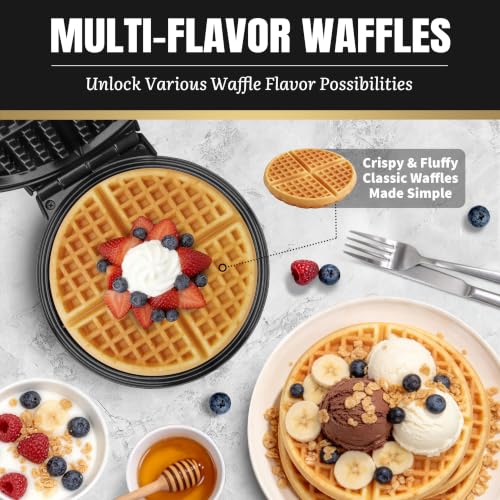 FineMade 7 Inches Classic Waffle Maker Machine, belgian waffle maker with PFAS-Free Ceramic Non-Stick Plates,Waflera electrica, Thin Waffle Maker Crispy, Round Waffle Iron, Graphite