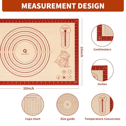 Silicone Baking Pastry Dough Mat - 26x16Inch Extra Large Cookie Bread Rolling Mats Sheet, Nonstick Kitchen Counter Kneading Board, Thick Reusable Pie Cookies Pizza Fondant Making Matt with Measurement