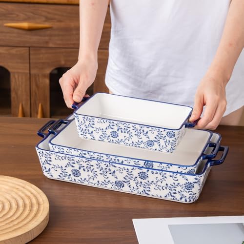 Cerkik Ceramic Bakeware Set - Casserole Dish Baking Dishes for Oven - Rectangular Lasagna Pans with Handles for Kitchen Cooking - Microwave & Dishwasher Safe - Set of 3 (15.1''/13.6''/9.9'') - Blue