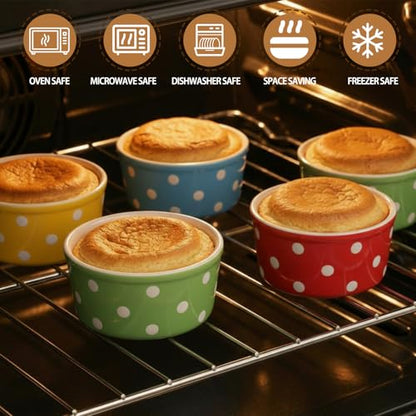Teecyhooo 6 Pack 6 oz Colorful Ice Cream Ceramic Bowls Ceramic Ramekins Oven Safe Small Dessert Cups Porcelain Baking Cups Single Mini Bowls for Personal Pudding Souffle Serving Dip
