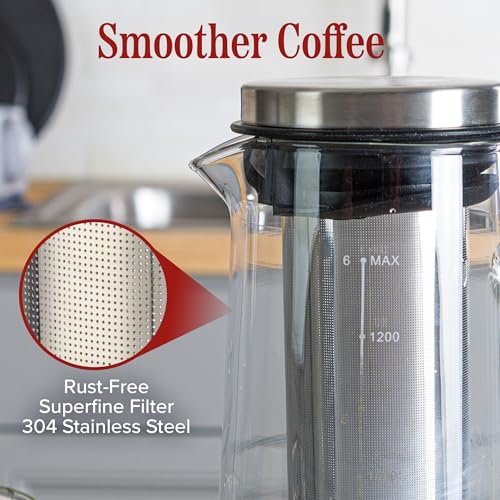 Cold Brew Coffee Maker Pitcher - 1.4L/48oz Glass Carafe with Lid and Spout and Removable Stainless Steel Filter - Cold Brew Maker and Iced Tea Pitcher for Fridge by Classic Cuisine
