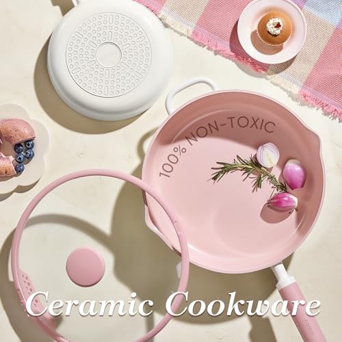 CAROTE 11 Inch Nonstick Deep Frying Pan with Lid, 5 Qt Chef Saute Pan with Pour Spout, Skillet Induction Cookware, Non Stick Cooking Pan Kitchen Pan, Healthy & PFOA/PFAS Free, Includes Spatula, Pink