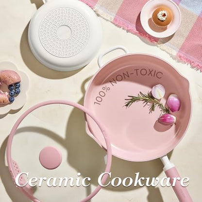 CAROTE 11 Inch Nonstick Deep Frying Pan with Lid, 5 Qt Chef Saute Pan with Pour Spout, Skillet Induction Cookware, Non Stick Cooking Pan Kitchen Pan, Healthy & PFOA/PFAS Free, Includes Spatula, Pink