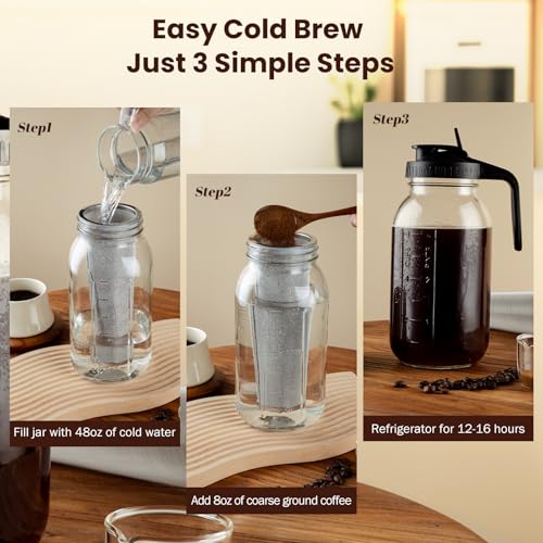 Cold Brew Coffee Maker, 64 oz Glass Pitcher with Mesh Filter, 2 Quart Mason Jar with Lid