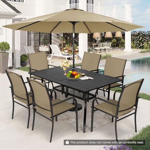 Incbruce 8 Pieces Patio Dining Set with Brown Umbrella, Outdoor Dining Set of 6 Textilene Chairs and Rectangle Table with Umbrella Hole for Backyard, Garden, and Poolside (Brown)