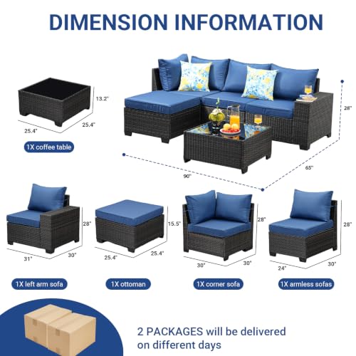 Jing's Villa 5-Piece Patio Furniture Set, All-Weather Outdoor Wicker Sectional Sofa with Cushions, Tempered Glass Table & Ottoman,Rattan Conversation Seating for Porch, Garden, Backyard,Navy
