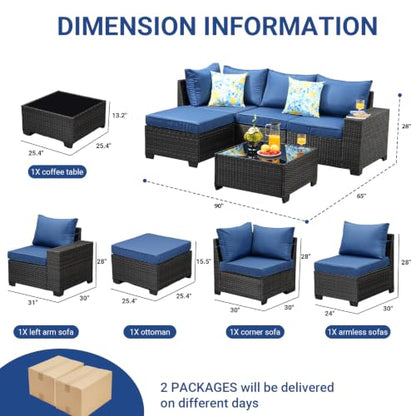 Jing's Villa 5-Piece Patio Furniture Set, All-Weather Outdoor Wicker Sectional Sofa with Cushions, Tempered Glass Table & Ottoman,Rattan Conversation Seating for Porch, Garden, Backyard,Navy