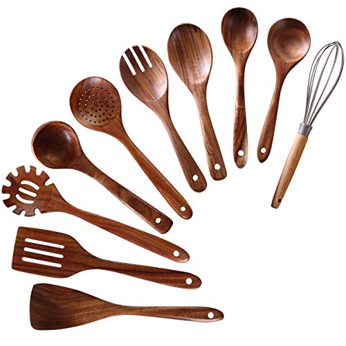 Wooden Spoons for Cooking, 10 Pcs Wooden Utensils for Cooking, NAYAHOSE Natural Teak Wood Spoons, Non-Stick Comfort Grip Kitchen Utensils Set