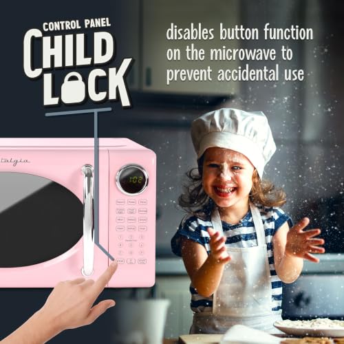 Nostalgia Retro Microwave Oven - 0.7 Cu Ft, 700-Watt Countertop Size with Glass Turntable, Child Safety Lock, 8 Auto-Cook Programs, Digital Clock - Pink