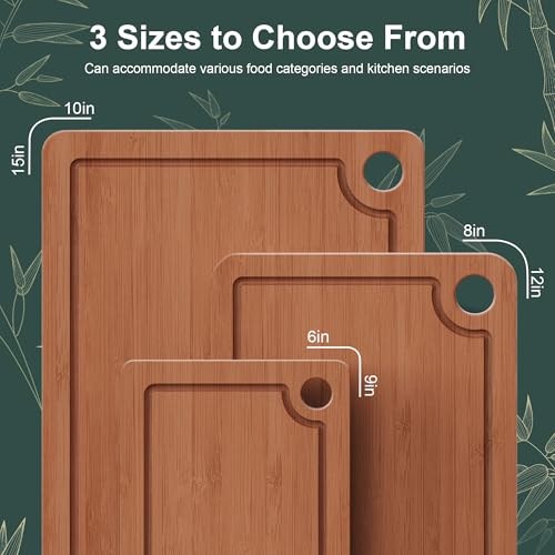 Bamboo Cutting Boards for Kitchen, 3-Piece Set with Juice Grooves, Side Handles & Non-Slip Mats – Durable Bamboo Chopping Board for Meat, Vegetables and Fruits Ideal Kitchen Gifts