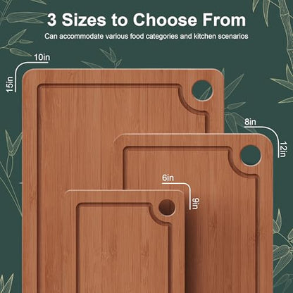 Bamboo Cutting Boards for Kitchen, 3-Piece Set with Juice Grooves, Side Handles & Non-Slip Mats – Durable Bamboo Chopping Board for Meat, Vegetables and Fruits Ideal Kitchen Gifts