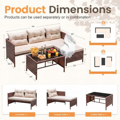 OMNIBERG 5 Piece Outdoor Sectional Patio Furniture Sets, All Weather Outdoor Wicker Rattan Patio Conversation Set, Patio Seating Sofas with Cushions, Lumbar Pillows and Tempered Glass Table
