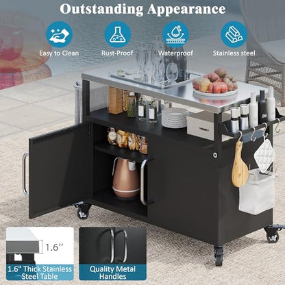 54.5" Outdoor Kitchen Island with Stainless Steel Tabletop, Metal Grill Cart Table with Storage Cabinet, Spice Rack and Towel Rack, Outdoor Bar Cart with 4 Lockable Wheels for Outside BBQ (Black@79)